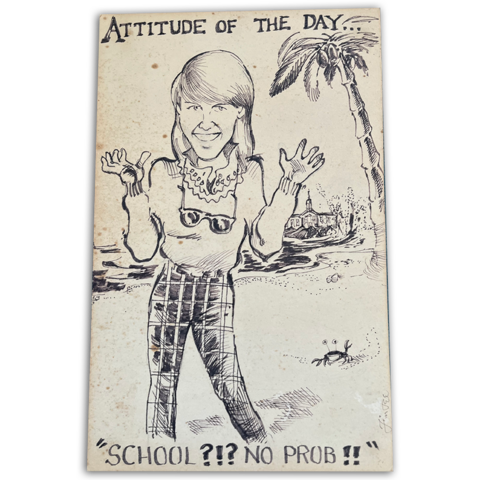 Caricature with a student on a beach in front of Nassau Hall