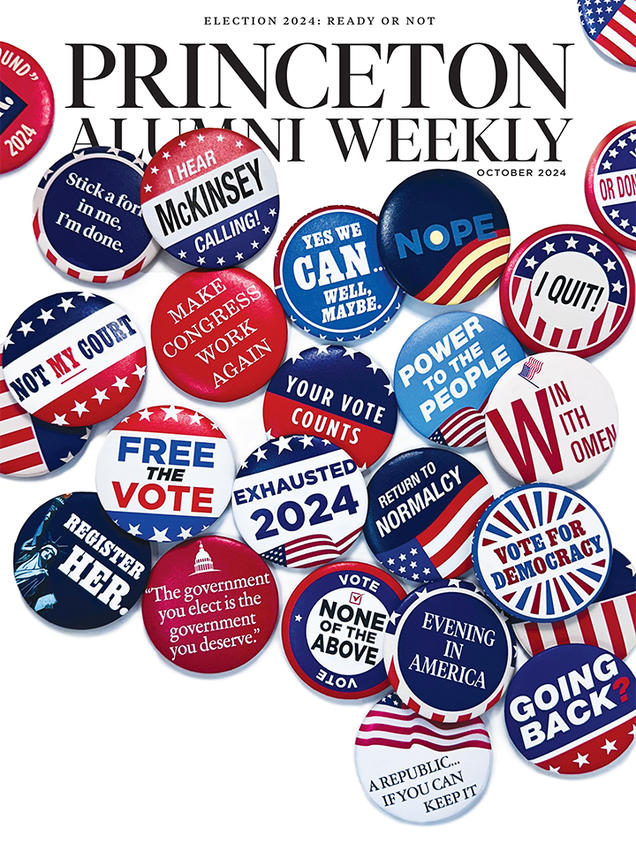 The cover of PAW’s October 2024 issue, featuring a photo of scattered political campaign buttons.