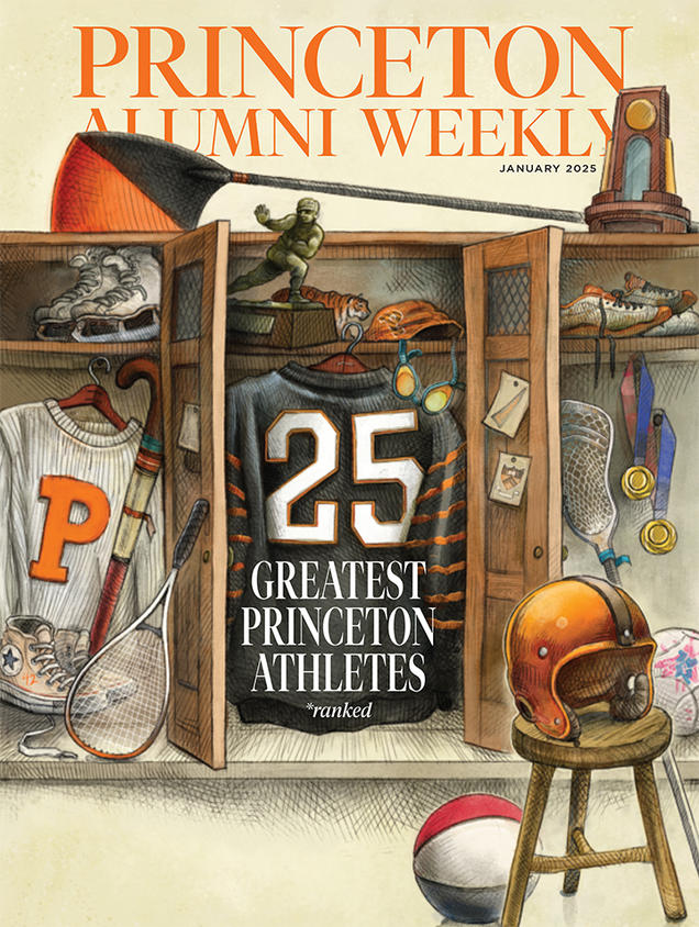 The cover of PAW’s January 2025 issue, featuring an illustration of a Princeton locker room and the headline: 25 Greatest Princeton Athletes ranked