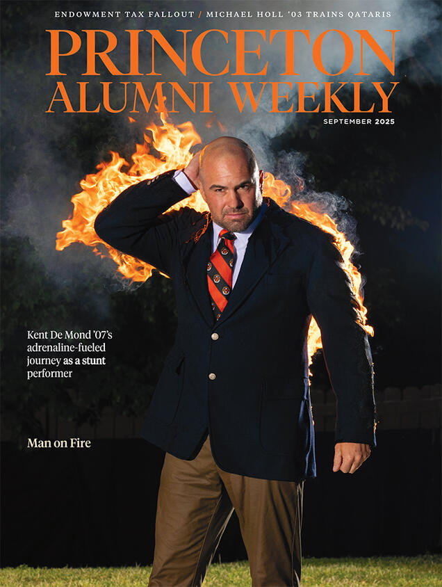 Sept2025_cover.jpg PAW's October 2025 cover, featuring a photo of stuntman Kent De Mond ’07 with his back on fire.