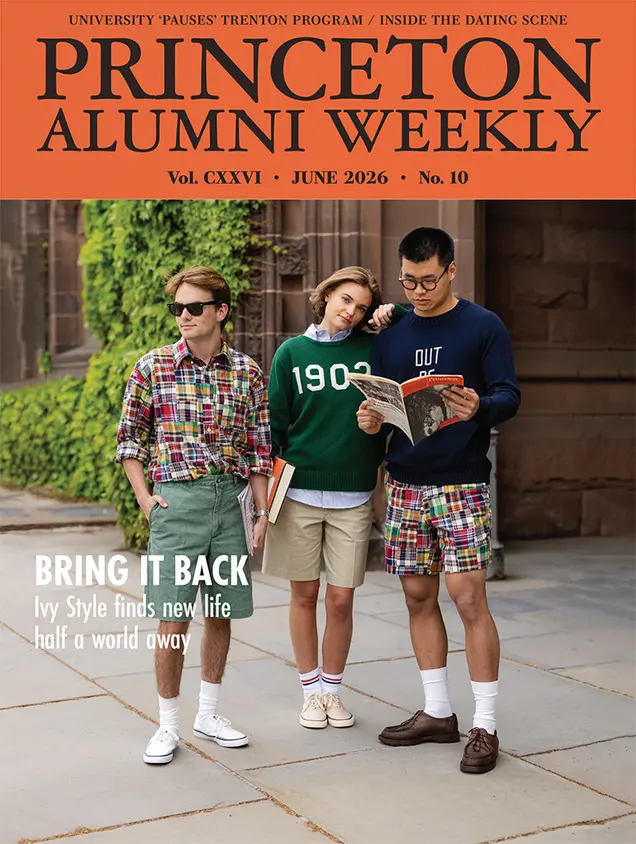 Three Princeton students stand outside East Pyne, modeling preppy clothing by JPress.