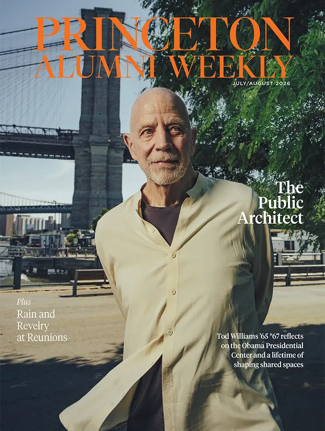 Tod Williams ’65 *67 stands in front of the Brooklyn Bridge.