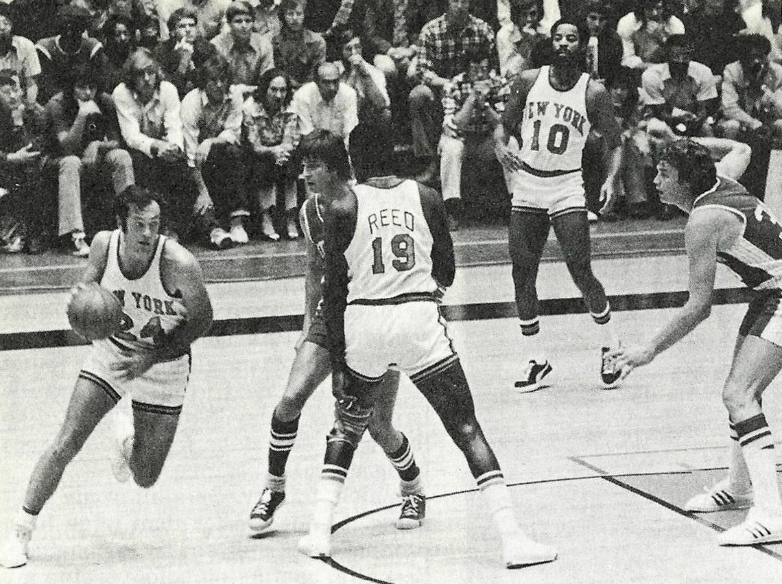 Bill Bradley ’65 moving the ball in the 1973 exhibition game at Jadwin Gym.