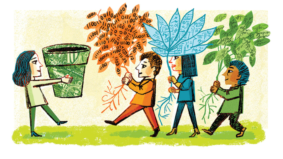 An illustration of a woman holding out a flower pot and three other people coming to her carrying plants.