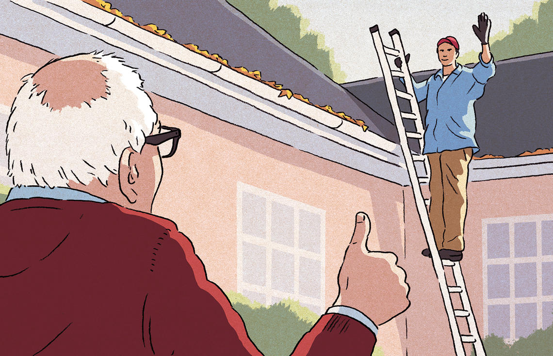 Illustration of a man cleaning gutters while on a ladder waving to an older man on the ground, who's giving him a thumbs-up.