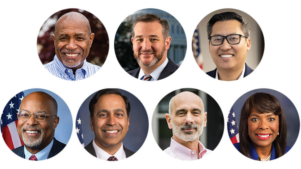 Headshots of Herb Conaway ’85, Ted Cruz ’92, Vince Fong ’03, Glenn Ivey ’83, Raja Krishnamoorthi ’95, Joe Salerno ’84, Terri Sewell ’86