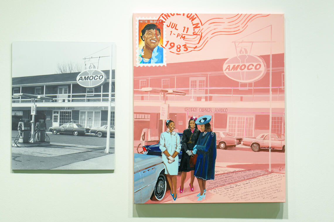 20241003_BeingAtHomeInPrinceton_MR_407.jpg Historical photo of Griggs' Corner Amoco, left, and Onome Daniella Olotu’s painting of three women at the site