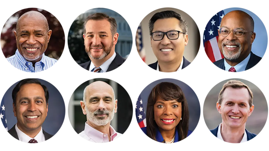 Headshots of Herb Conaway ’85, Ted Cruz ’92, Vince Fong ’03, Glenn Ivey ’83, Raja Krishnamoorthi ’95, Joe Salerno ’84, Terri Sewell ’86, and George Whitesides ’96