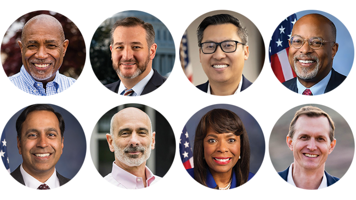 Headshots of Herb Conaway ’85, Ted Cruz ’92, Vince Fong ’03, Glenn Ivey ’83, Raja Krishnamoorthi ’95, Joe Salerno ’84, Terri Sewell ’86, and George Whitesides ’96