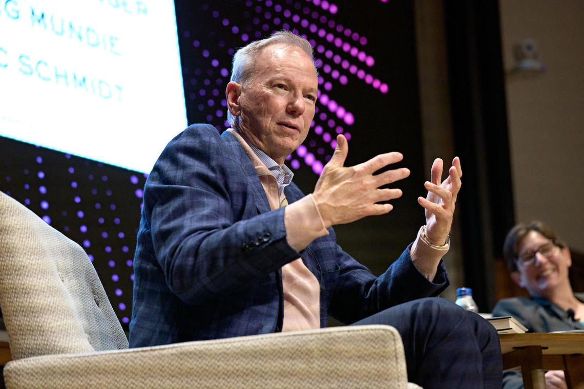 Eric Schmidt, left, and Jennifer Rexford discuss AI during a Nov. 20 event at McCosh Hall.