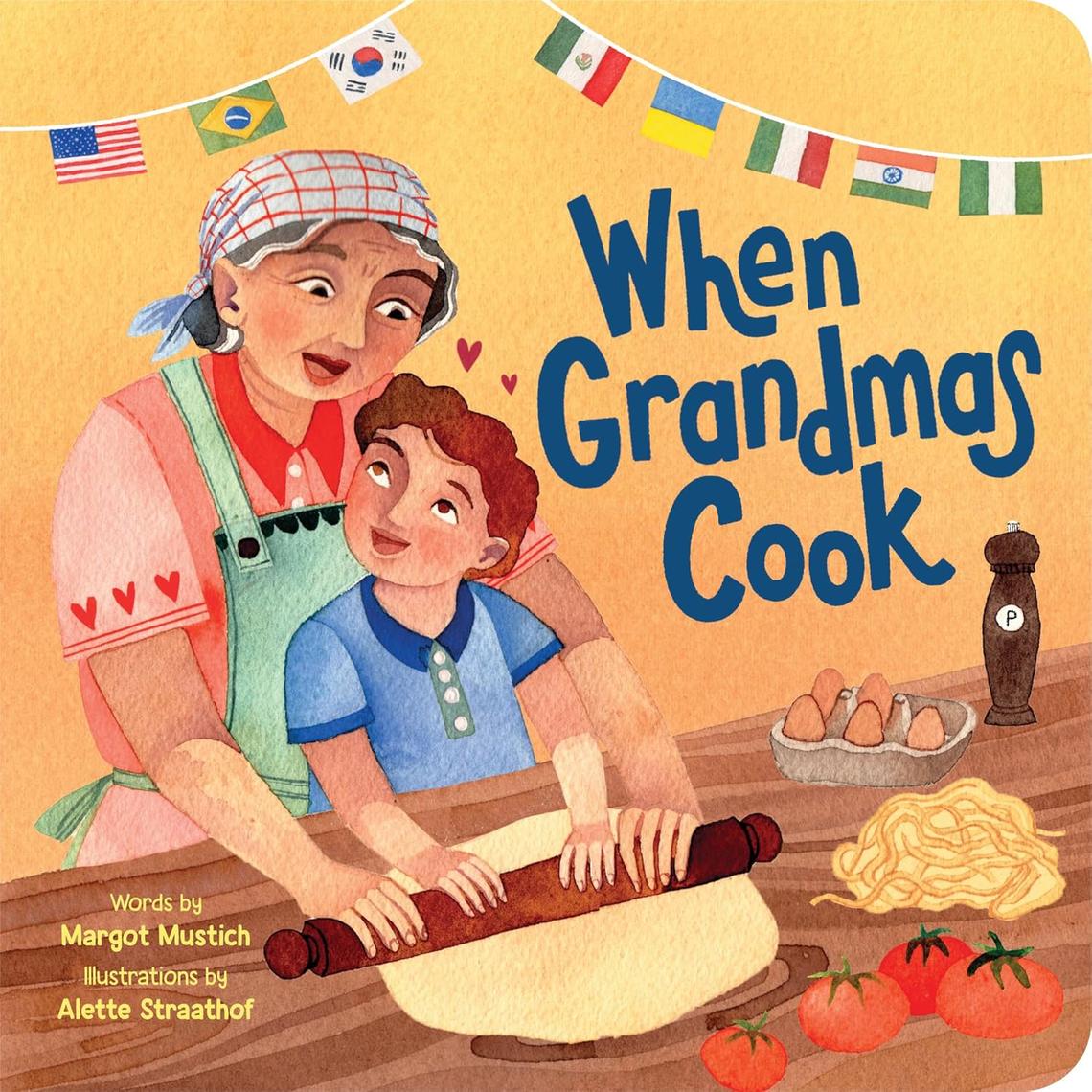 When Grandma Cooks book cover which features an illustration of a loving grandma and grandson standing together rolling out dough at a kitchen counter.