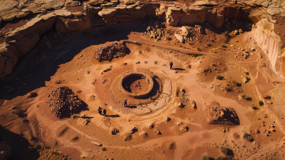 An aerial view of the ancient Native American ruins at Chaco Canyon, New Mexico.