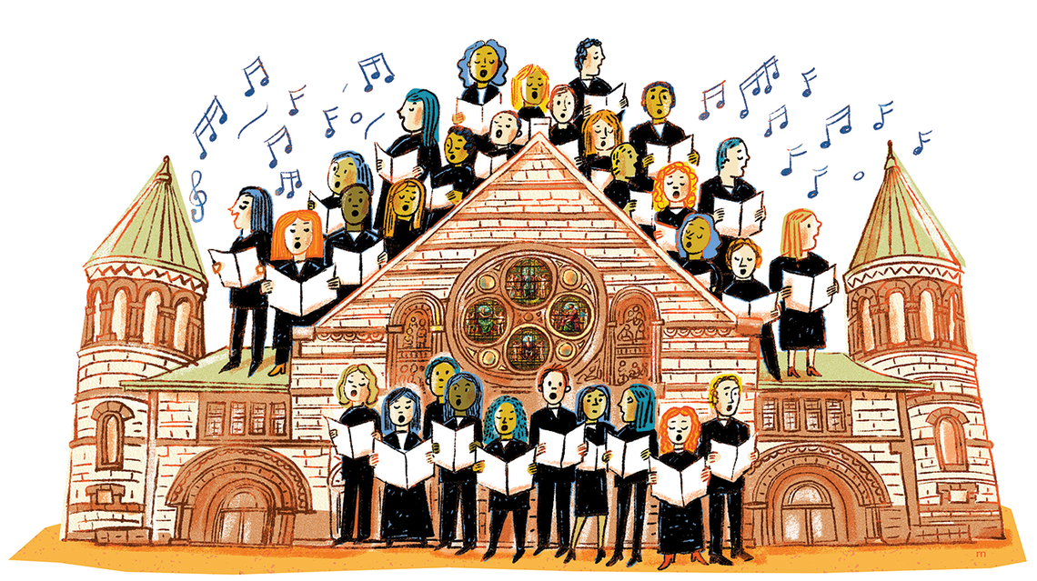Illustration of singers in front of and on the roof of Princeton's Alexander Hall