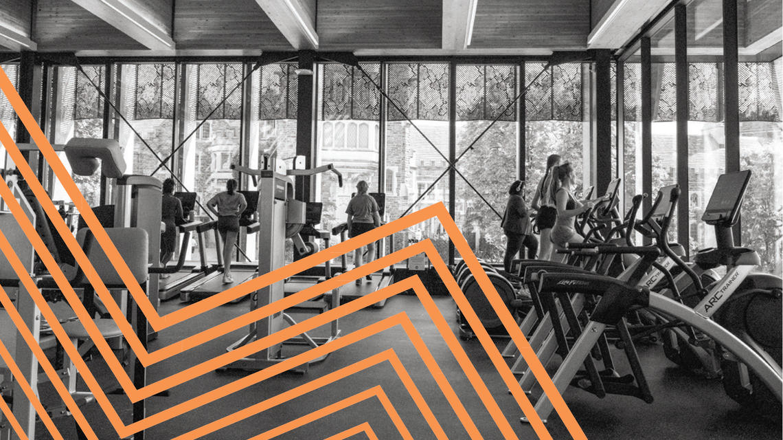 A black and white photo of people working out at a gym, with orange lines zigzagging over the left side.