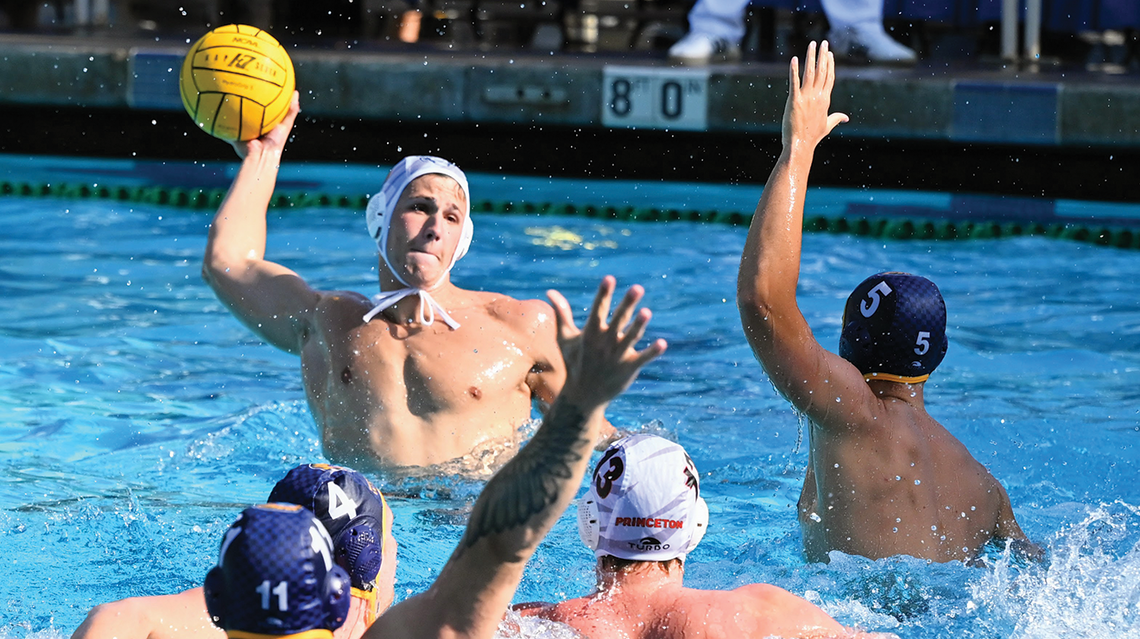Roko Pozaric prepares to shoot in a Princeton water polo game at Pepperdine