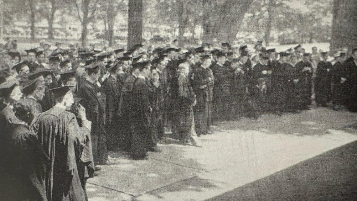 Ivy Planting: Members of the Senior Class Listen to the Ivy Oration as It Is Delivered in Front of Nassau Hall by Norman Cosby.