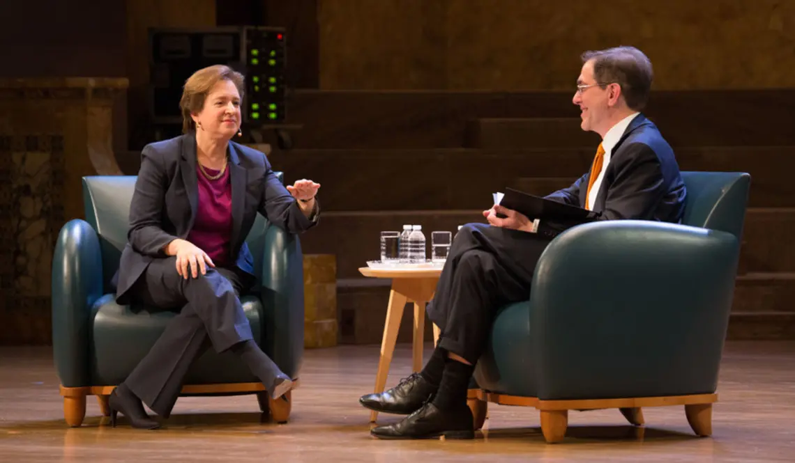 Supreme Court Justice Elena Kagan, left, and President Christopher Eisgruber seated on stage at Richardson Auditorium