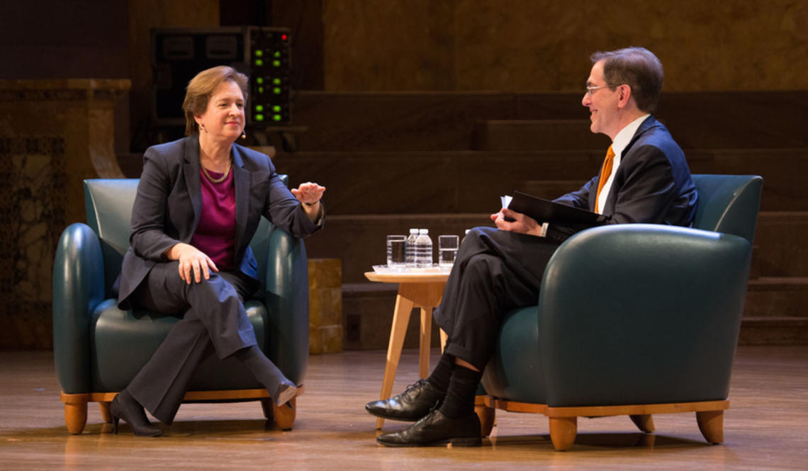 Supreme Court Justice Elena Kagan, left, and President Christopher Eisgruber seated on stage at Richardson Auditorium