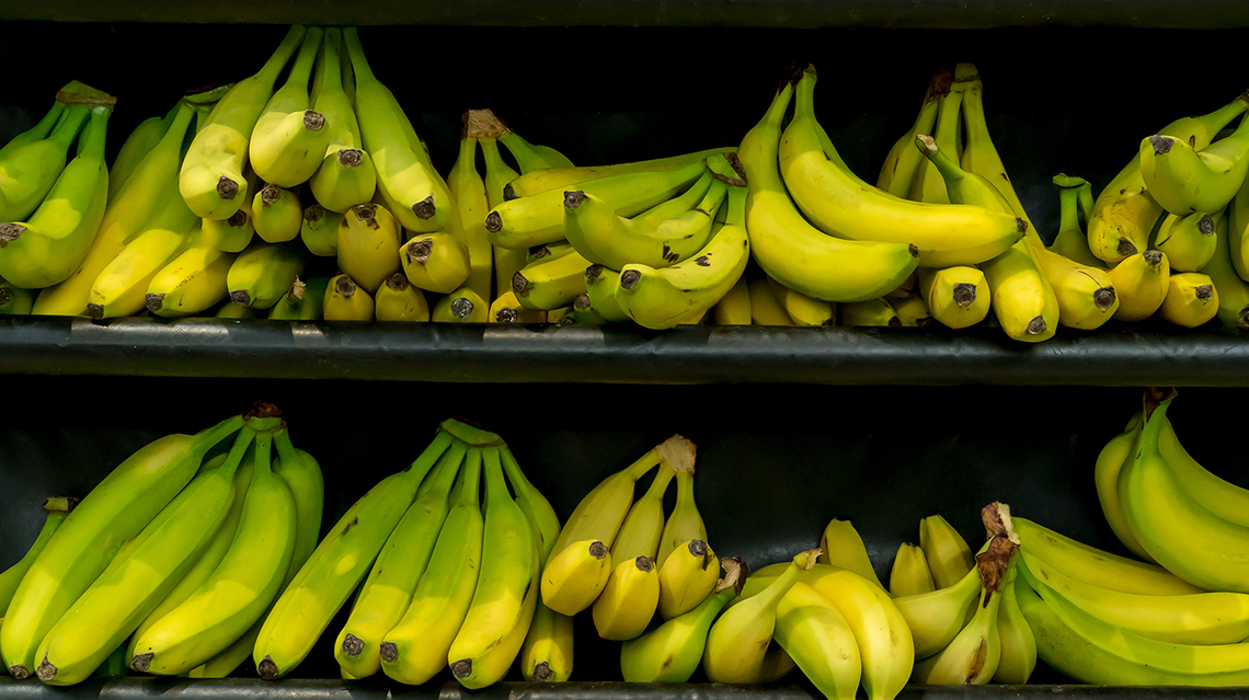 Green and yellow bananas on a grocery shelf