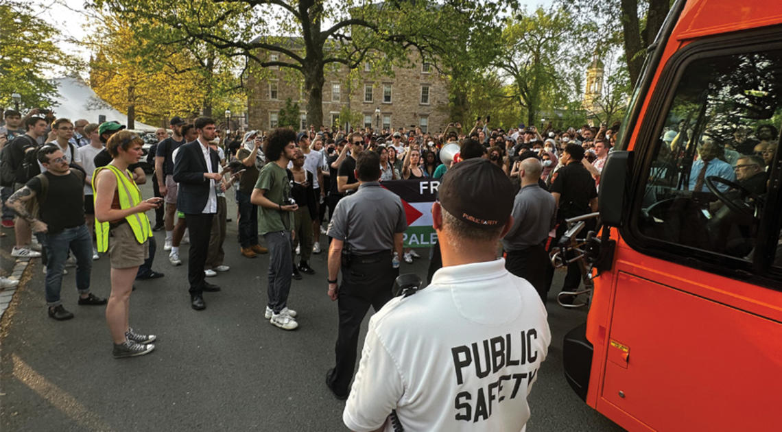 Public Safety officers patrol during the occupation of Clio Hall amid last spring’s pro-Palestinian protests.