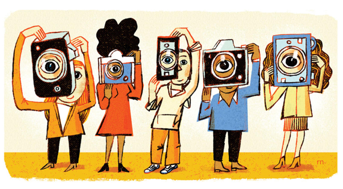 illustration showing diverse male and female students holding various types of cameras