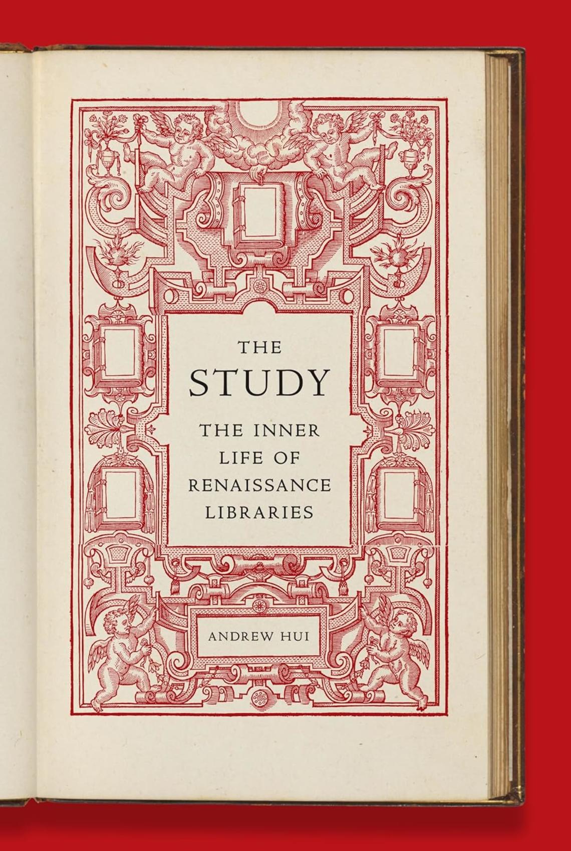 Book cover of The Study by Andrew Hui *09 which looks like the inside cover of a book with ornate red details.