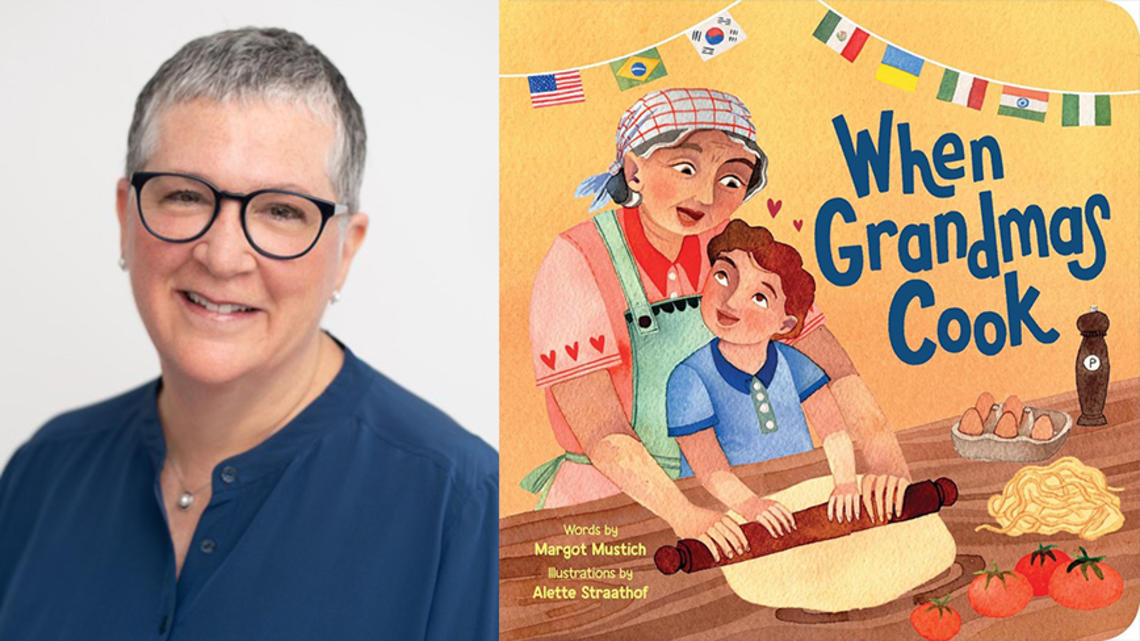 A photo of Margot Mustich and the cover of her book, "When Grandmas Cook."