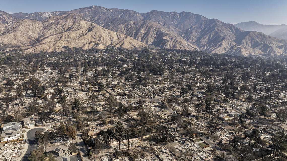 Drone view of Altadena, California, after the Eaton fire destroyed much of it.