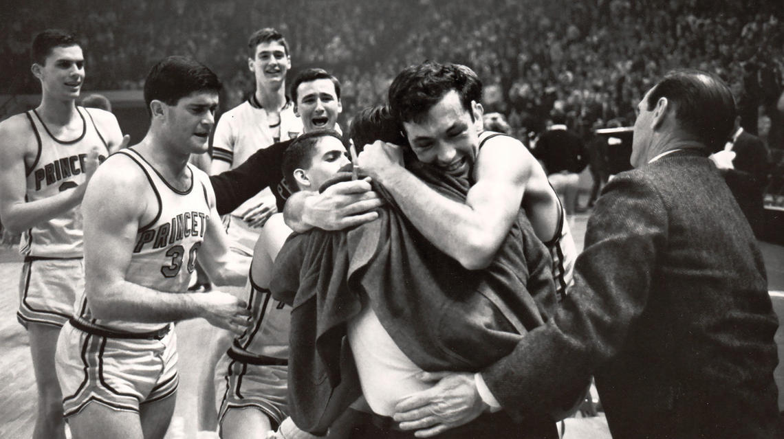 GALLERY_Bill Bradley 65.jpg Bill Bradley ’65 embraces coach Butch van Breda Kolff ’45 after Princeton beat Providence to advance to the 1965 Final Four, the program’s only appearance in the men’s basketball national semifinals.