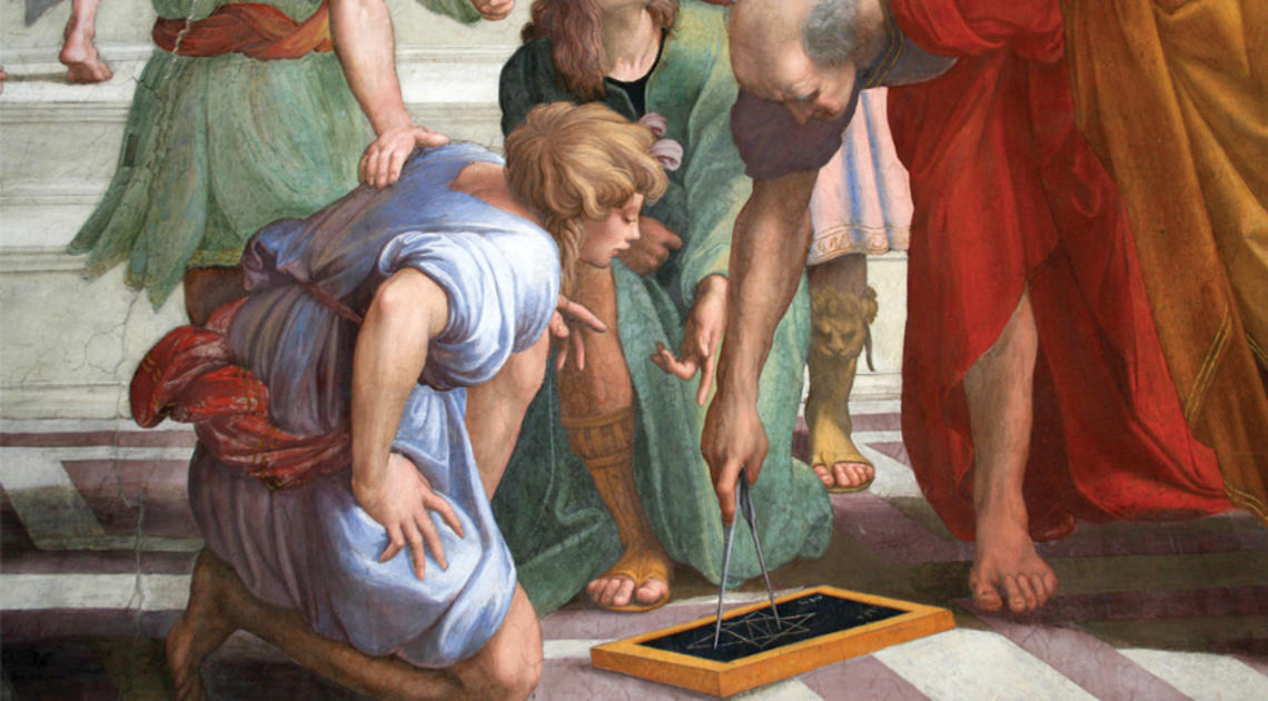 Detail of Raphael’s impression of Euclid teaching students in The School of Athens (1509–1511).