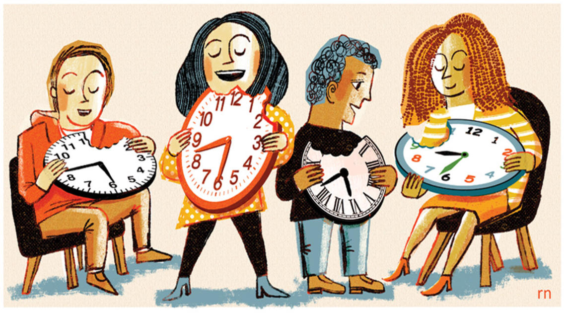 Illustration of hungry students eating clocks