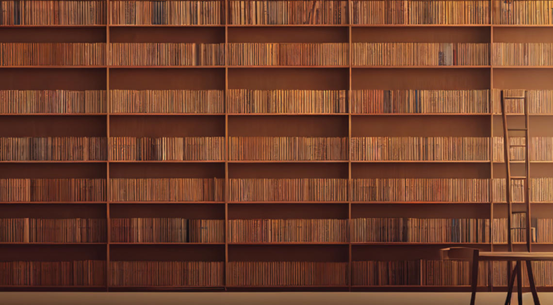 Long rows of old brown books with ladder reaching high up into the stacks