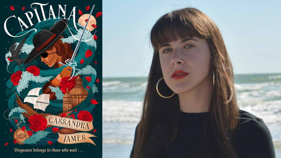 Photo of Cassandra James ’23 and the cover of her book "Capitana," featuring an illustration of a pirate.