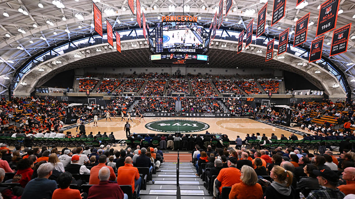 A wide-angle photo of the crowd surrounding Princeton's basketball court during Ivy Madness.