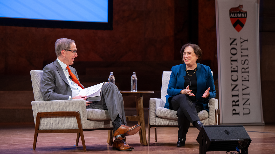 Christopher Eisgruber and Elena Kagan seated on stage at Richardson Auditorium