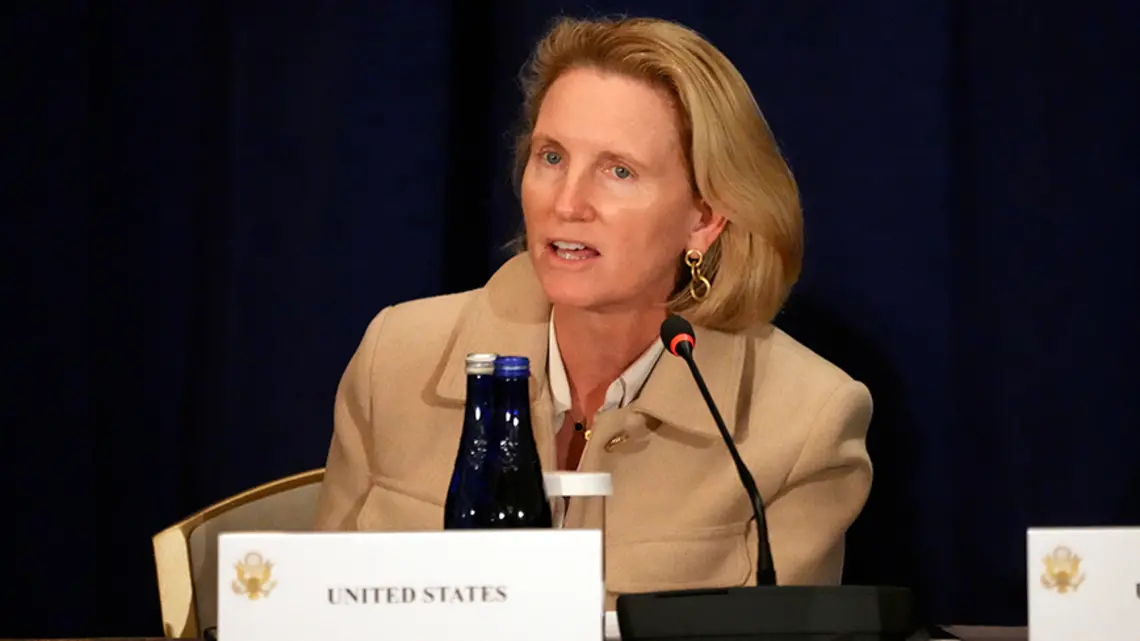 IsobelColemanUSAID_AP24267717935244.jpg USAID Deputy Administrator Isobel Coleman ’87 speaks during the Transforming Humanitarian Response for the 21st Century Ministerial in 2024.