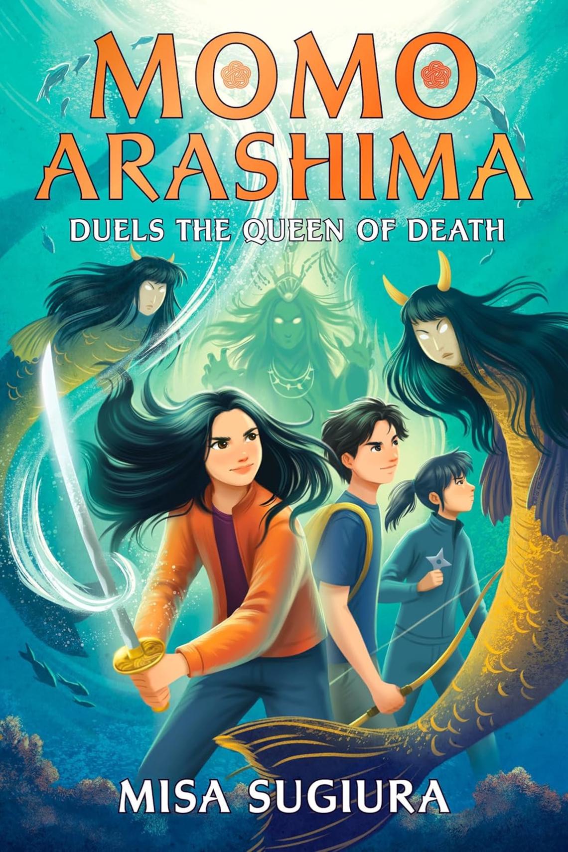 MomoArashima-Duels-Queen-Death_Misa_Sugiura.jpg Drawn image of Momo Arashima holding a sword with two friends standing behind her and enemies lurking.