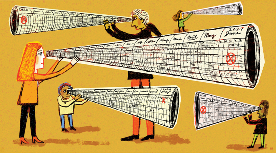 illustration of students looking to the future thorugh rolled up calendars that look like telescopes