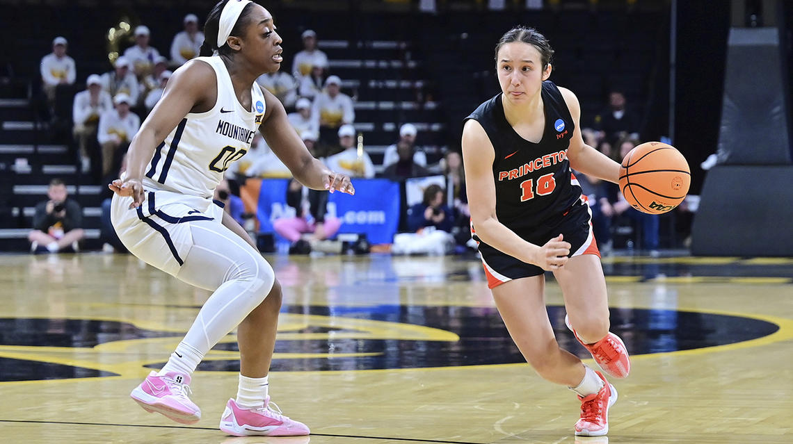 AP-2024tourney-Belker.jpg Skye Belker ’27 drives to the basket in Princeton’s 2024 NCAA Tournament game against West Virginia