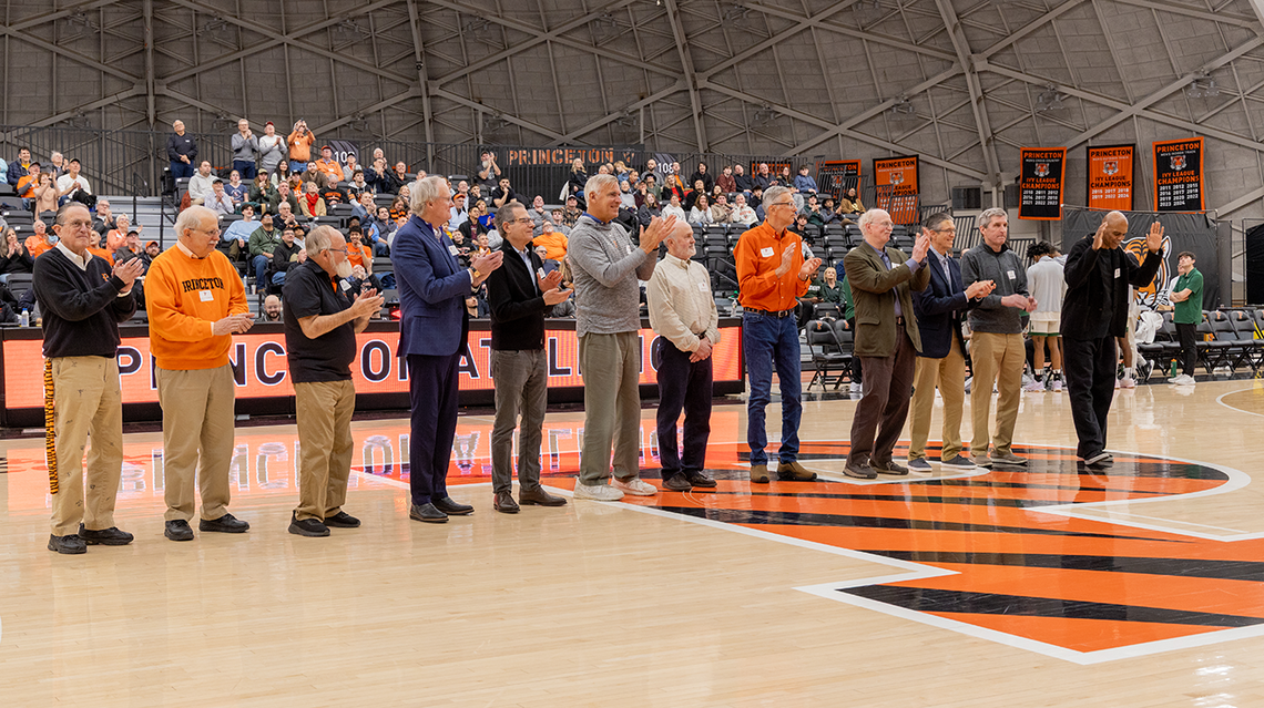 Members of the 1975 NIT championship team at Jadwin Gym