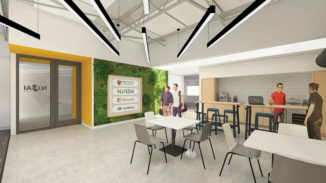 Rendering of a bright room with chairs and tables.