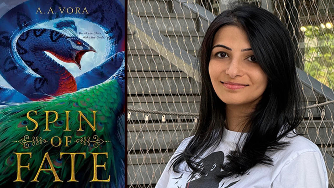 A photo of Ambika Vora-Nagino ’15 and the cover of her book, "Spin of Fate," featuring a green-and-blue image of a fantasy bird with a long neck.