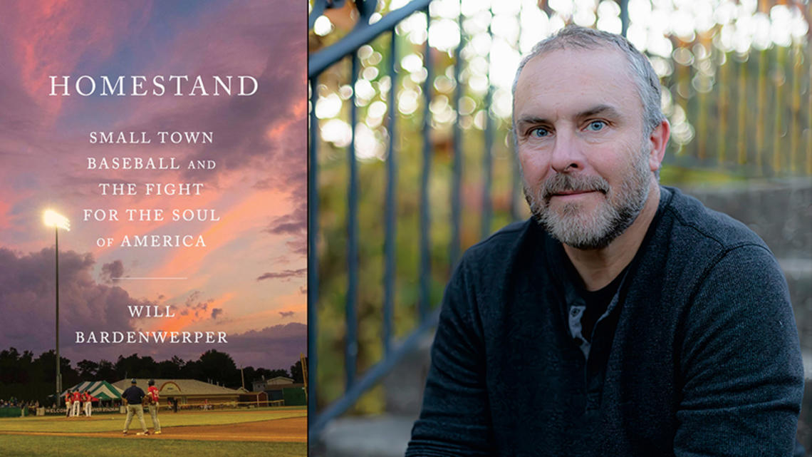 Will Bardenwerper and the cover of his book, "Homestand," featuring a photo of a local ballpark at sunset.