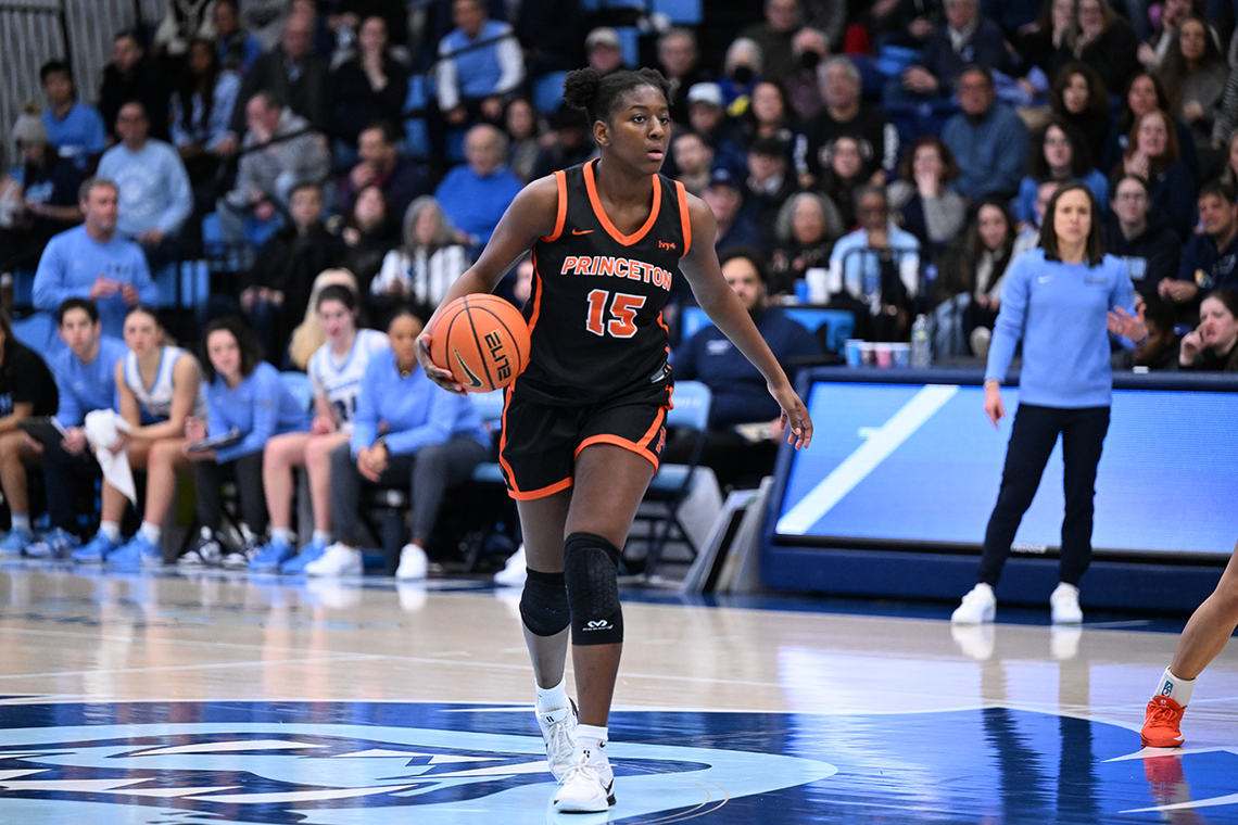 Fadima Tall dribbles near the center of the court against Columbia