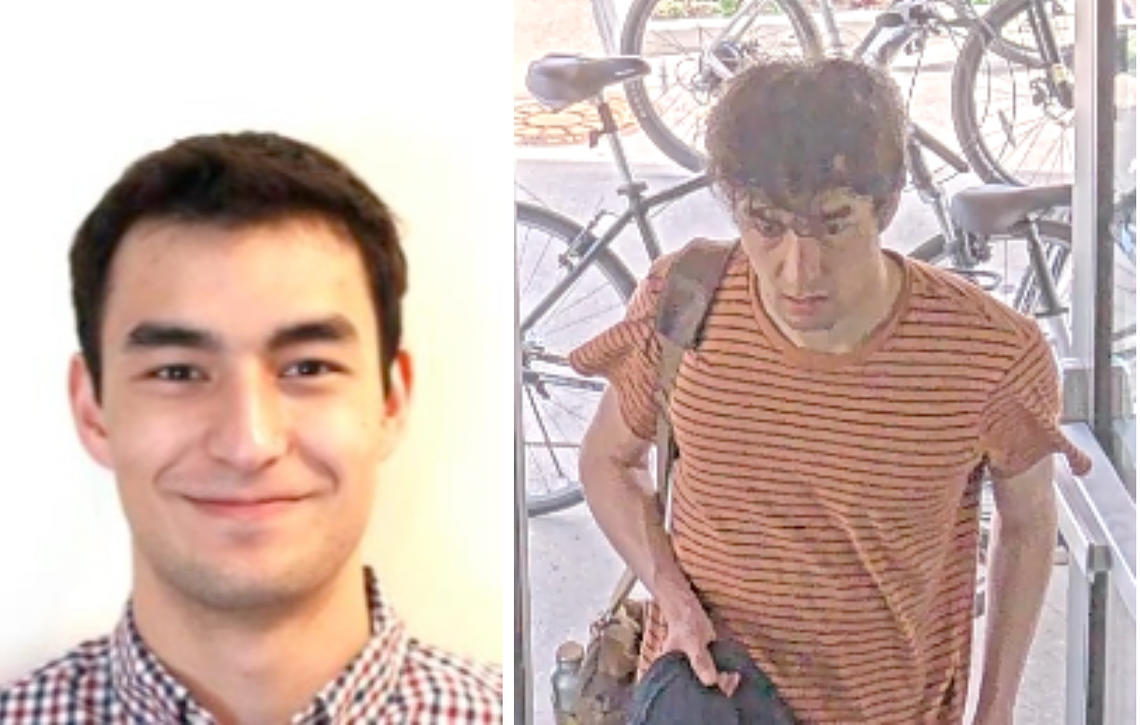 LaurenBlackburn.jpg Two images of Lauren Blackburn ’26, a young man with dark hair and light skin. One is a smiling headshot photo; the other appears to be from a security camera capturing him walking into a building.