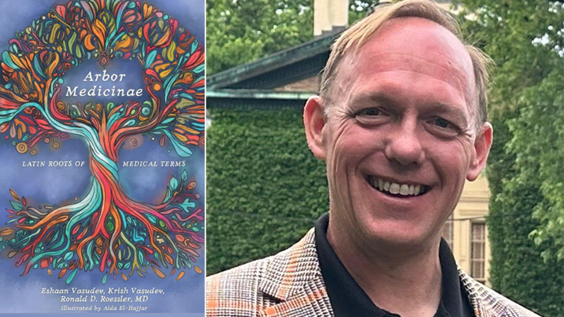 TOW_RonRoessler_web.jpg Ron Roessler ’96 and the cover of his book, Arbor Medicinae, featuring an illustration of a twisty tree.
