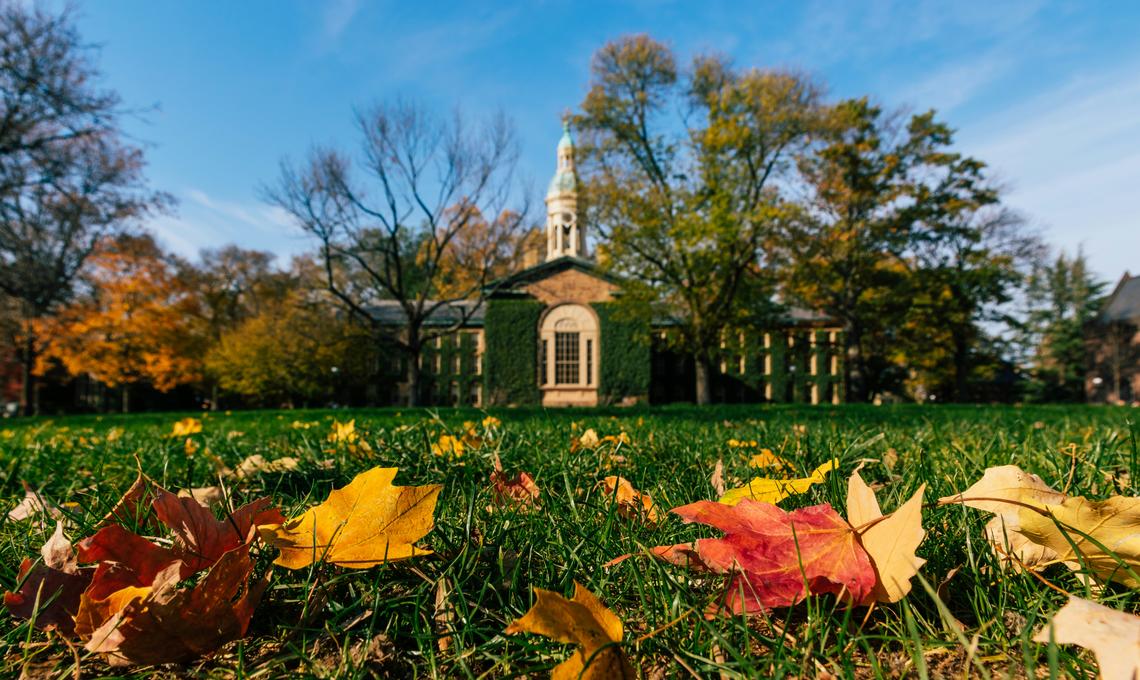 Nassau Hall during the fall with yellow and orange leaves in the foreground