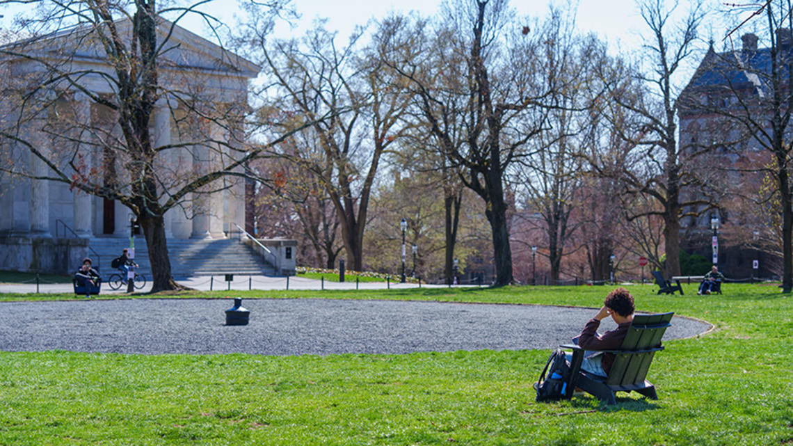 CannonGreen.jpg A student sits in an Adirondack chair facing away from the camera and toward Cannon Green, where the top of a buried canon is visible.