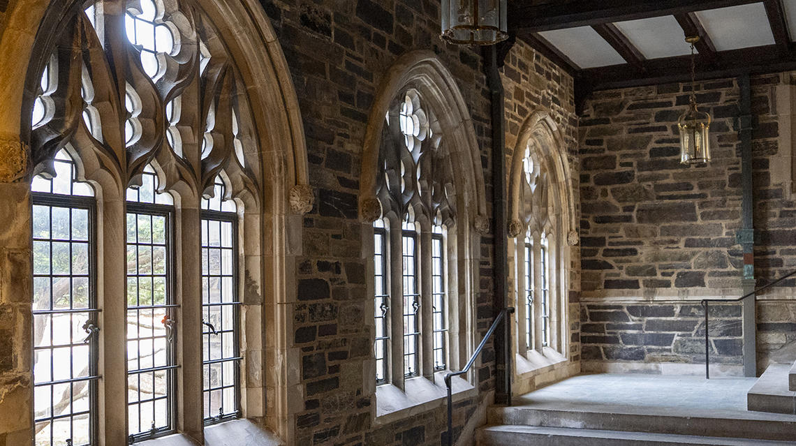 GraduateCollege.jpg Gothic stone windows above a staircase in the Graduate College.