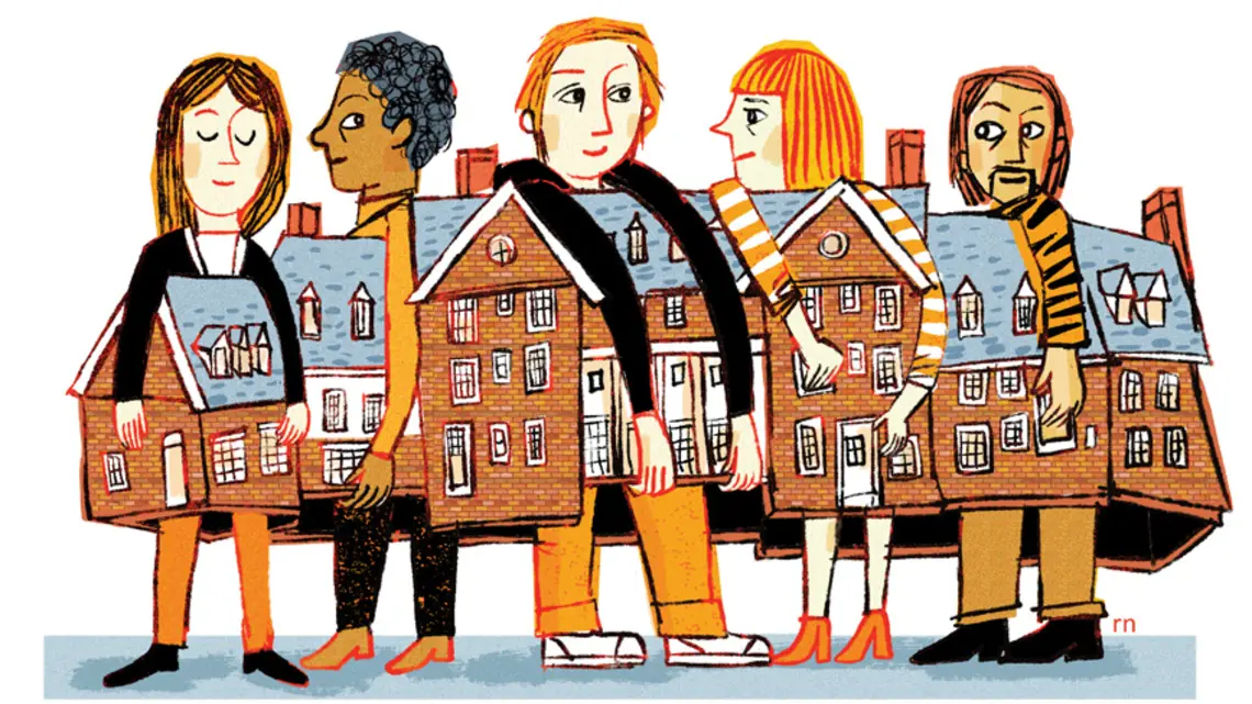 Illustration of Forbes Hall being held up by many students